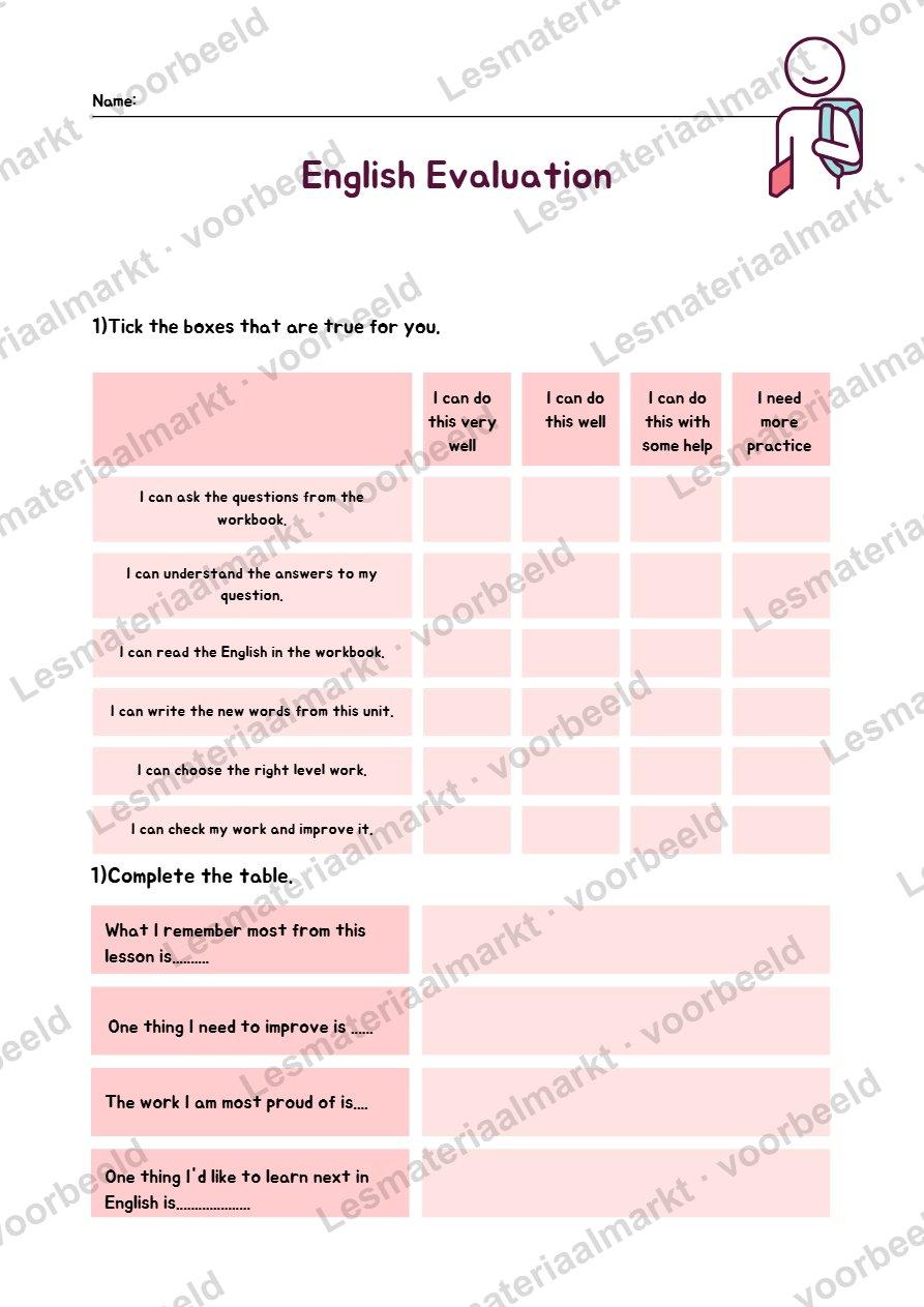 Preview van Groep 6,7,8. Self evaluation forms on completion of a set of English lessons.