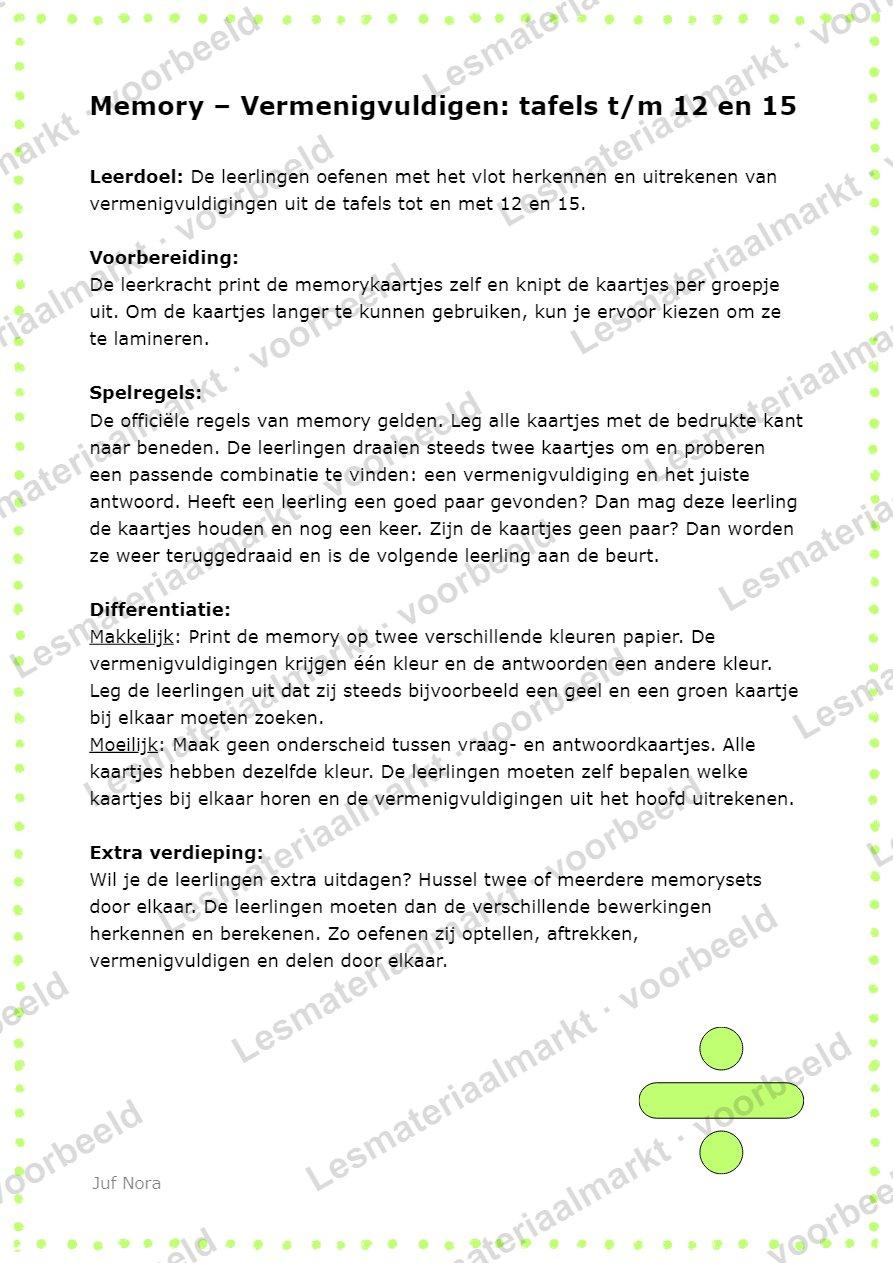 Preview van Memory: Vermenigvuldigen Tafels t/m 12 En 15