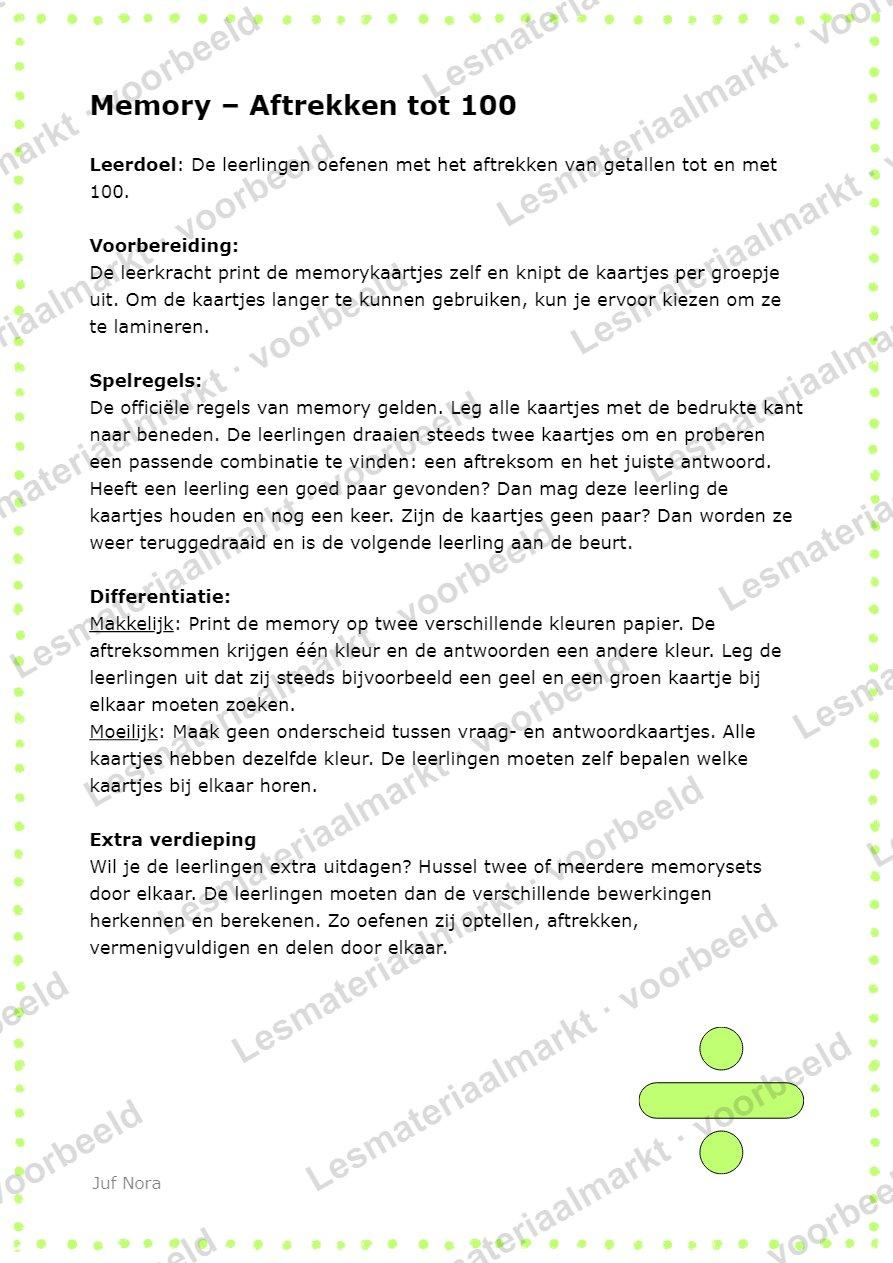 Preview van Memory: Aftrekken Tot 100