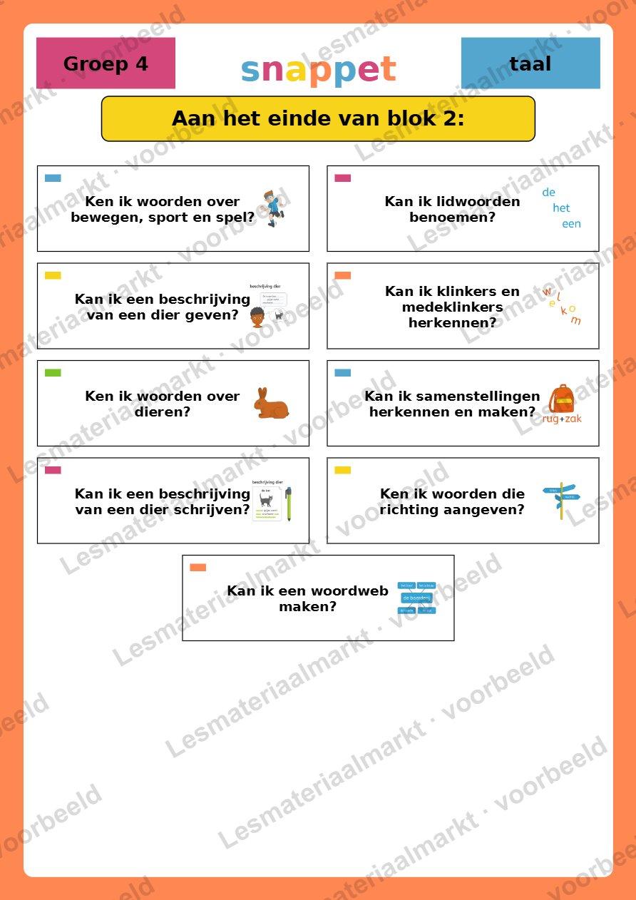 Preview 1 van Doelenposters Snappet Taal Blok 2 t/m 9 groep 4