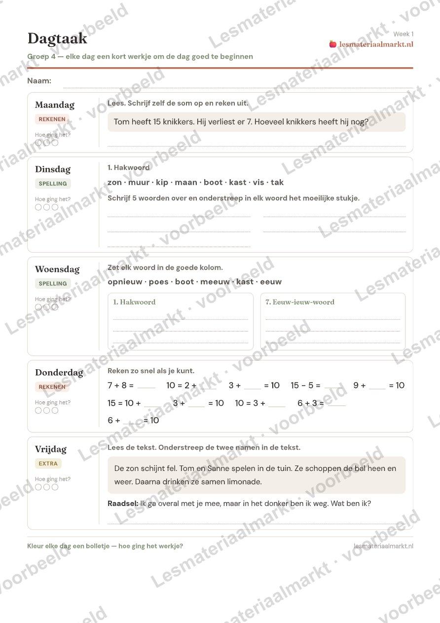Preview van Dagtaken groep 4 — compleet schooljaar (40 weken)